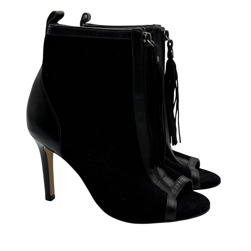 Saks Fifth Ave Emile Black Leather Stiletto Ankle Boot Tassel Zip Peep Toe Sz 7‎